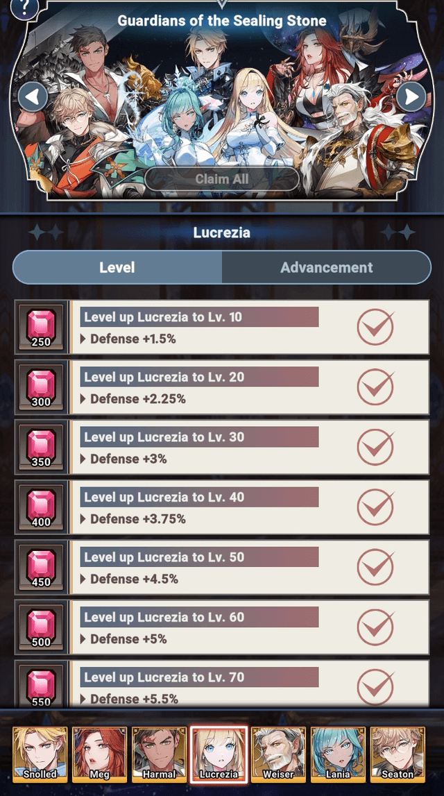 Codex interface for Lucrezia with stat Defense - Seven Knights Idle Adventure