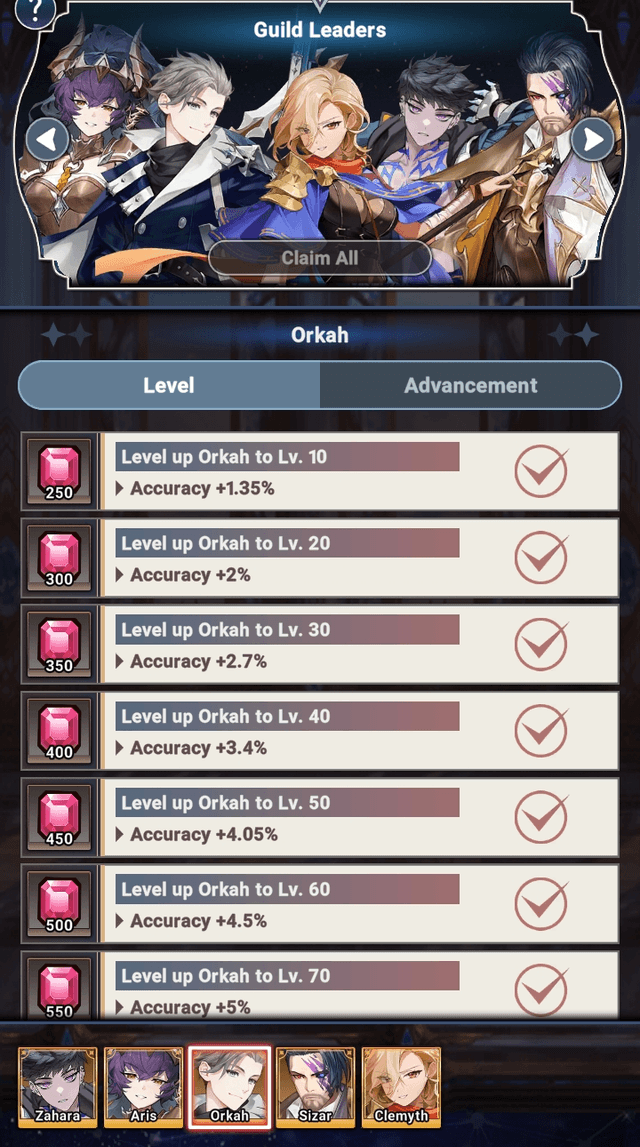 Codex interface for Orkah with stat Accuracy - Seven Knights Idle Adventure