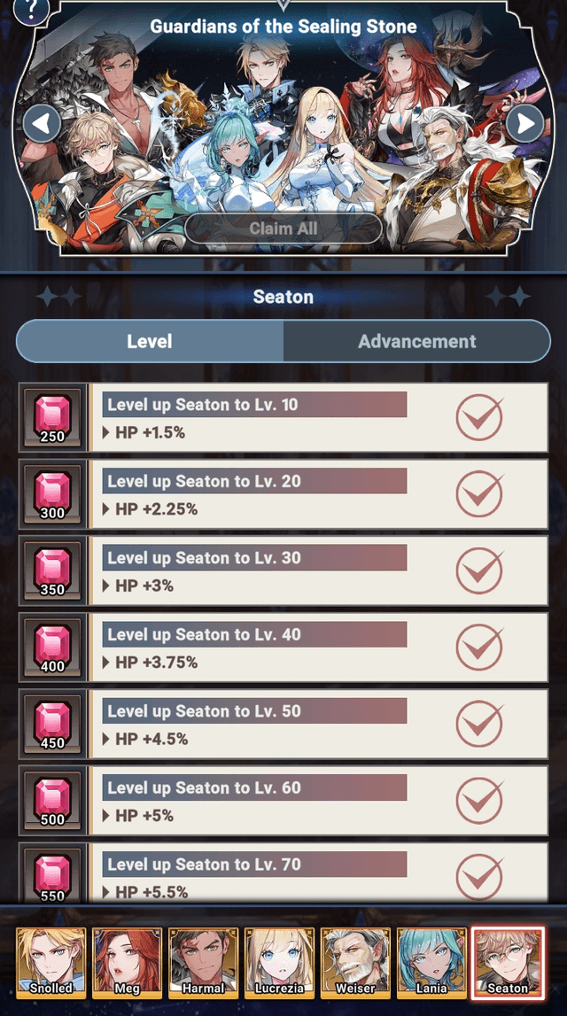 Codex interface for Seaton with stat HP - Seven Knights Idle Adventure