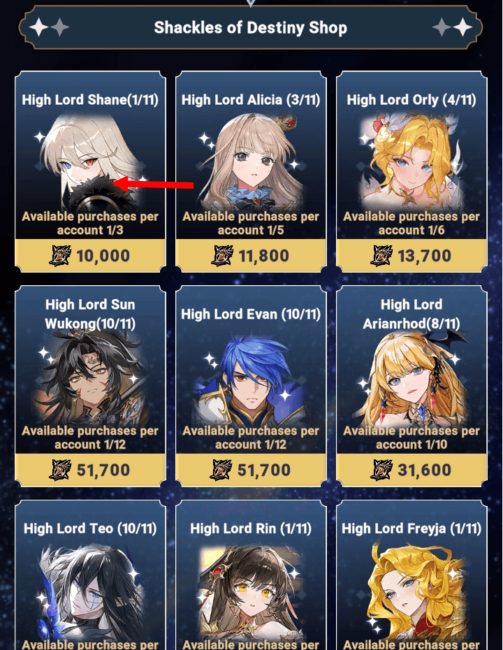 High Lord Shane Shackles of Destiny shop - Seven Knights Idle Adventure