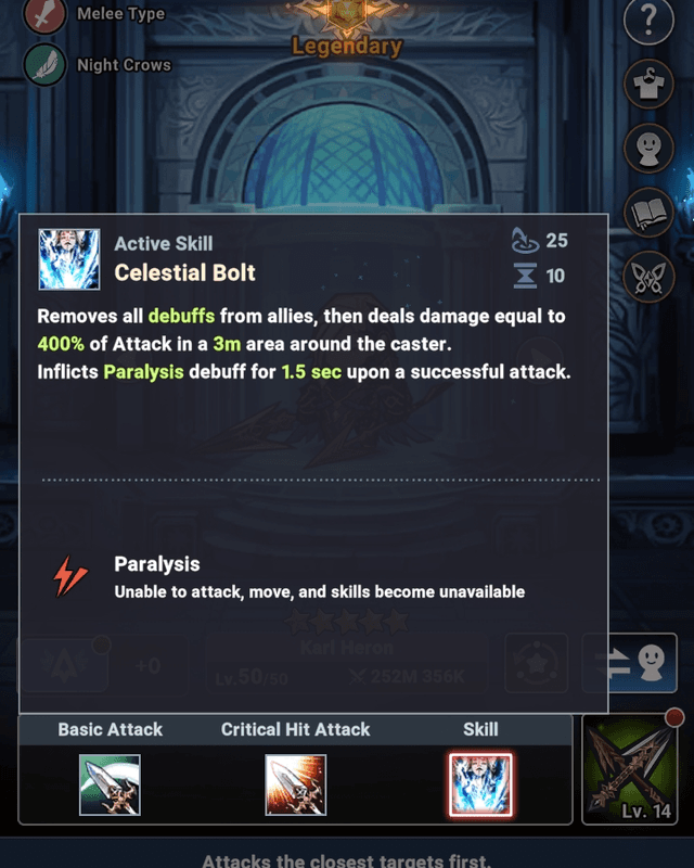 Karl Heron's Celestial Bolt skill removing all team debuffs - Seven Knights Idle Adventure