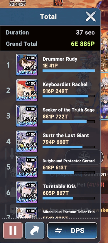 Keyboardist Rachel achieving second place on the DPS meter in Seven Knights Idle Adventure