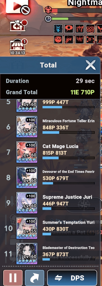 Summer's Temptation Yuri with poor positioning achieving top 10 on the DPS meter in Nightmare mode - Seven Knights Idle Adventure