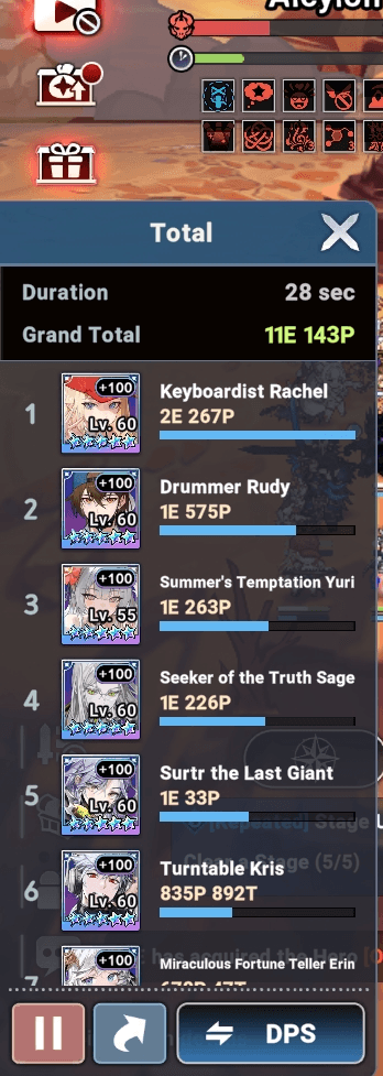 Summer's Temptation Yuri achieving top 3 on the DPS meter in Nightmare mode with good positioning - Seven Knights Idle Adventure