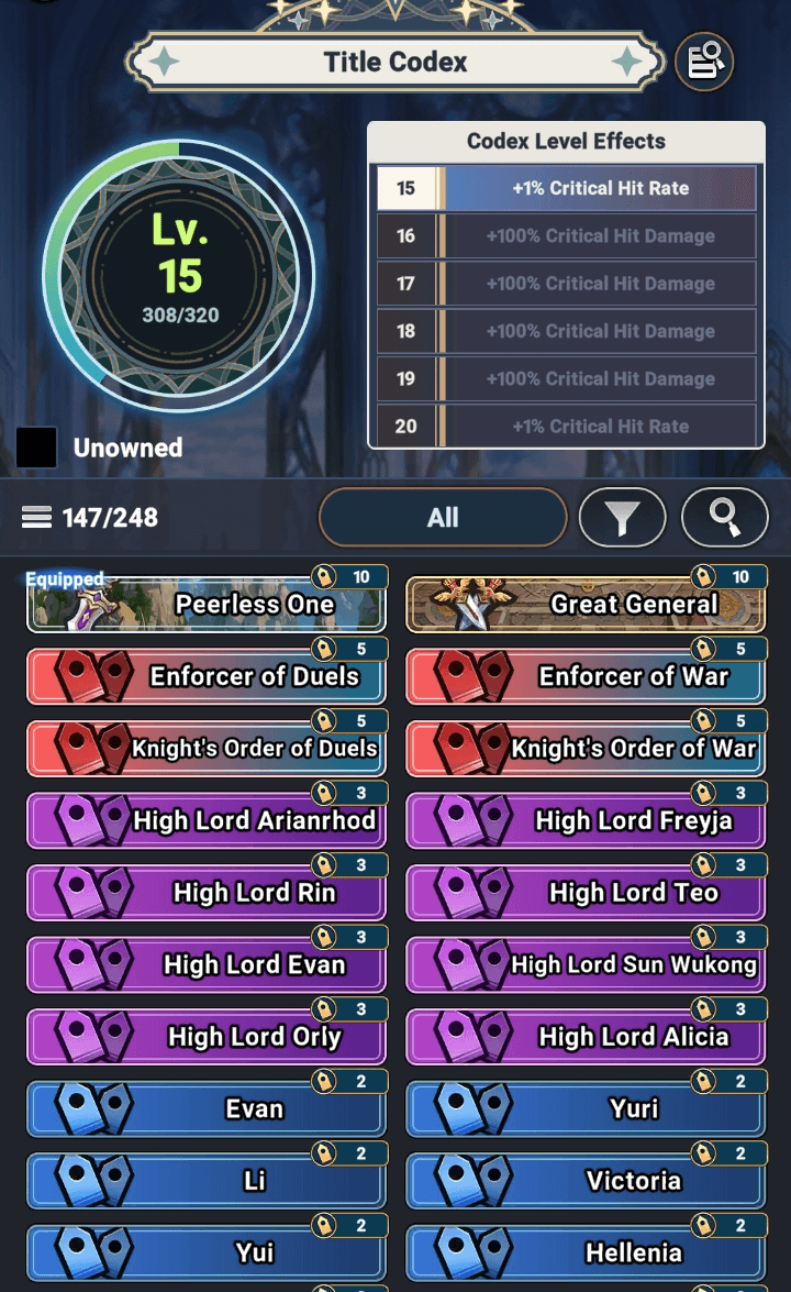 Title codex level 15 - Seven Knights Idle Adventure