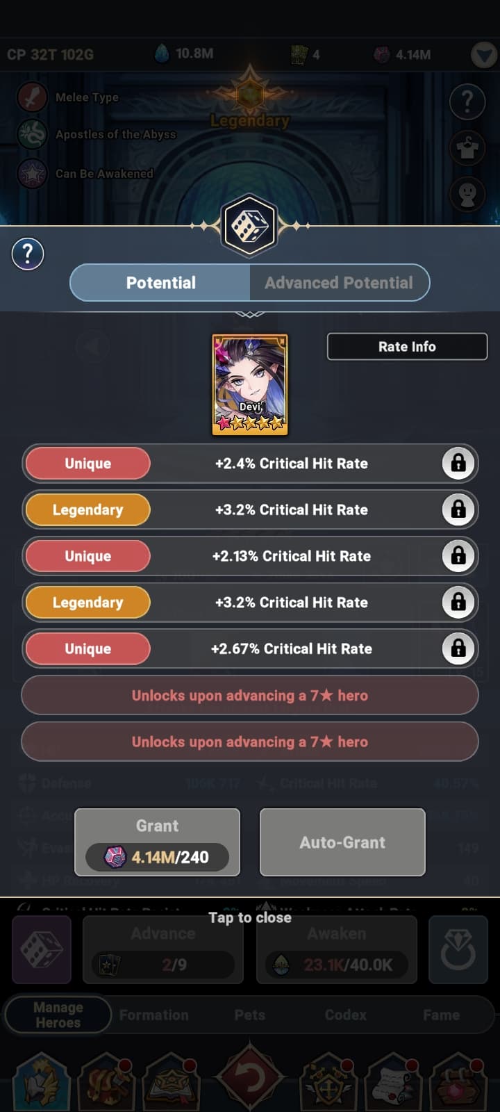 Interface Hero potential - Seven Knights Idle Adventure