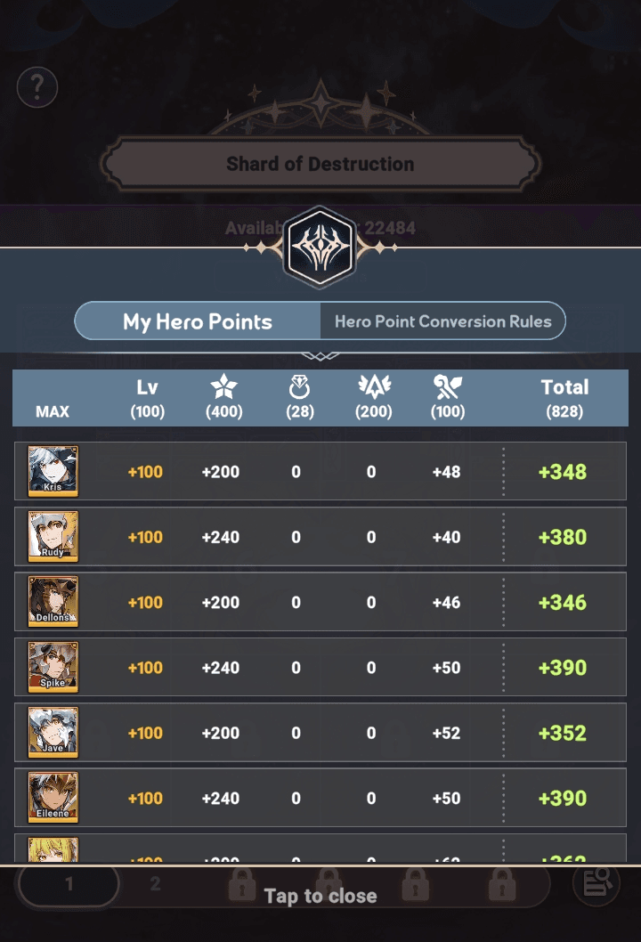 Shard of destruction interface list and points - Seven Knights Idle Adventure